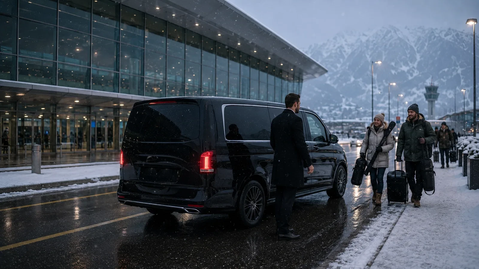 Van noir devant un terminal d’aéroport alpin sous la neige, voyageurs approchant avec leurs housses à skis