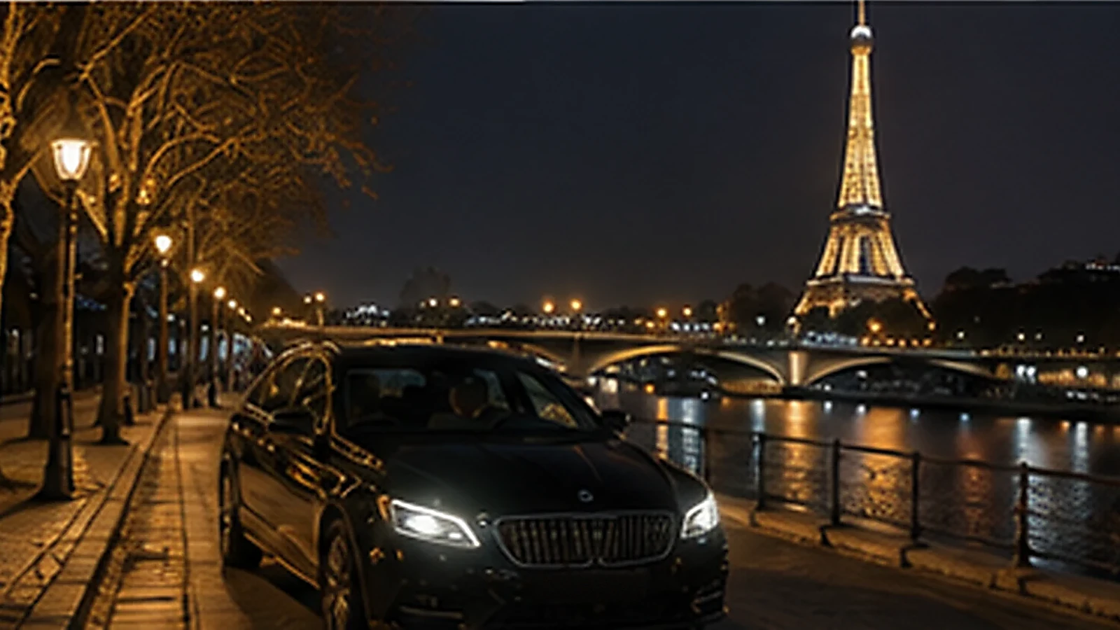 Berline avec chauffeur sur les quais de Seine, tour Eiffel illuminée en arrière-plan