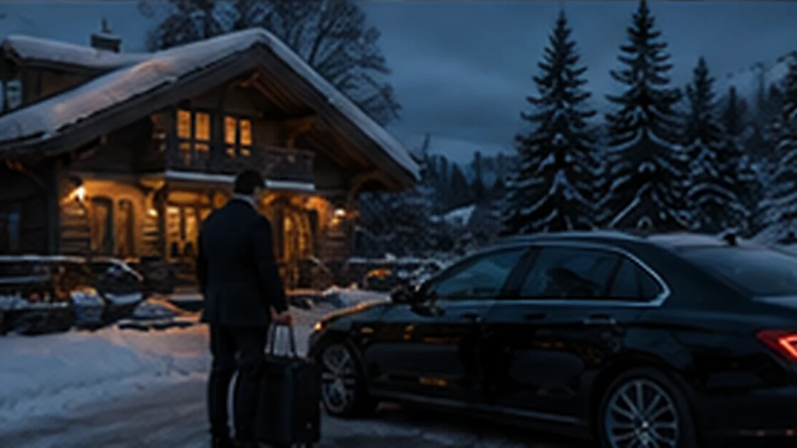 Chauffeur portant les bagages devant un chalet illuminé sous la neige, berline stationnée