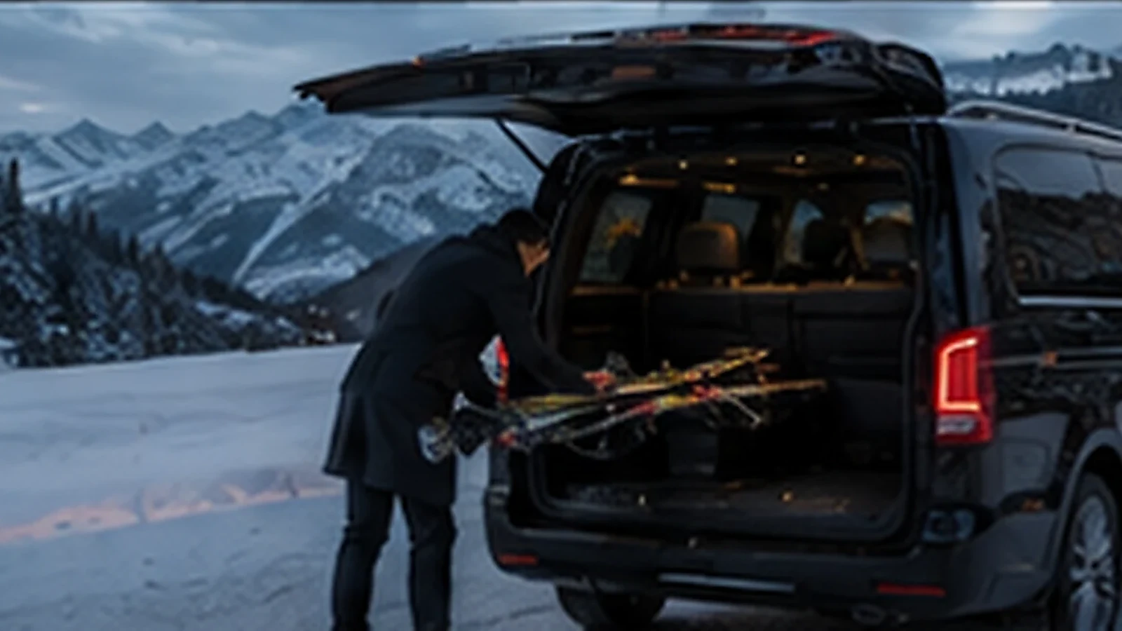 Chauffeur chargeant des skis dans le coffre d’un van noir, sommets enneigés en arrière-plan